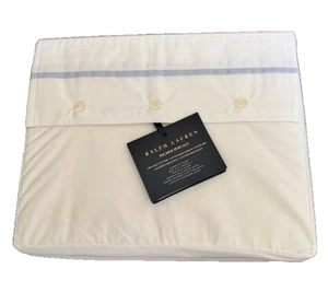 Ralph Lauren~Queen Flachbettlaken~Palmer~Perkal Bio Baumwolle~Weiß/Himmelblau~Neu mit Etikett~ - Bild 1 von 6