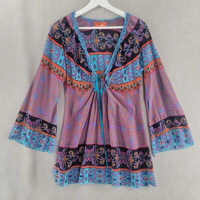 Camisa Hale Bob Para Mujer XS Púrpura Azul Seda Algodón Geométrica Boho Festival Gitano Foto 1 de 4