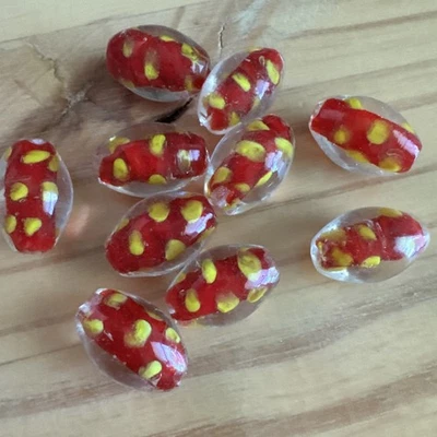 10 RED WITH YELLOW DOTS   OVAL LAMPWORK GLASS BEADS  Approx 22mm, DIY JEWELRY - Image 1 of 4