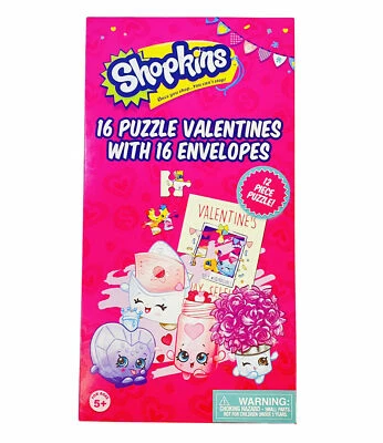 16 Shopkins Valentine's Day Classroom School Exchange Cards w/ 12 pc Puzzles - Image 1 of 2