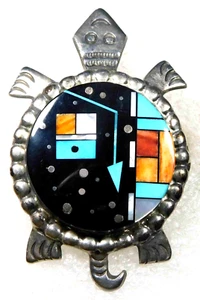 NAVAJO ALVIN YELLOWHORSE STERLING Multi Stone Inlay HANDMADE TURTLE PIN PENDANT - Picture 1 of 4