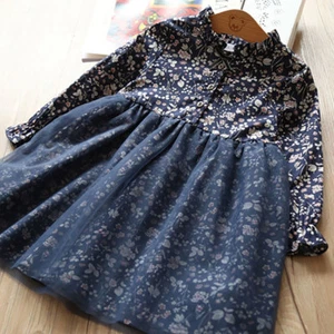 US Stock Toddler Girls Long Sleeve Lace Tulle Casual Navy Floral Princess Dress - Picture 1 of 8