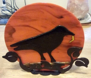 Raven Hand Blown Stained Glass & Metal Gothic Crow Lite Up With Candle Art - Picture 1 of 3