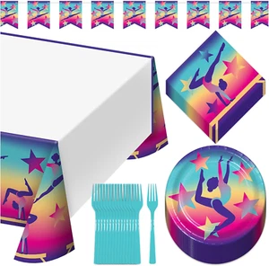 Gymnastics Party Pack - Pink, Purple, and Teal Gymnast Paper Dessert Plates, Nap - Picture 1 of 9