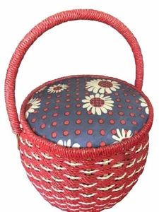 Vintage Red Sewing Basket DAISEY Boho Chic Japan RARE RETRO 1970’s - Picture 1 of 11