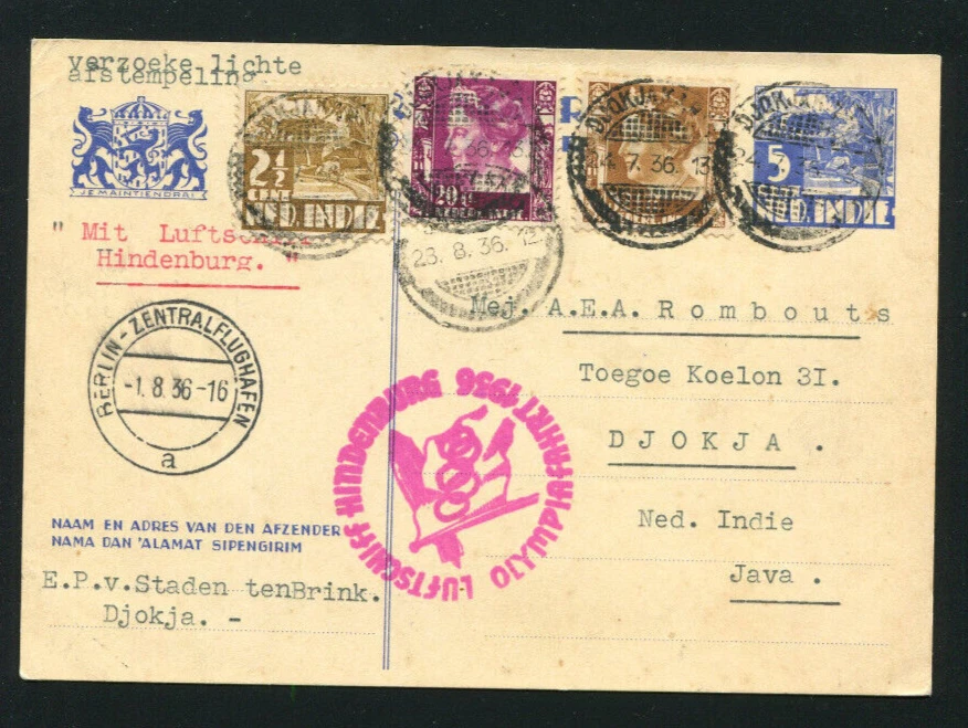 Zeppelin LZ 129 1936 Sieger 427 Vuelo Olímpico Indias Holandesas Correo a Java con Certificado Foto 1 de 1