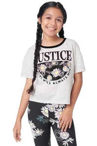 Justice Girls Top White Size10 Pullover Short Sleeve Flower Graphic Glitter Logo - Picture 1 of 12
