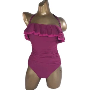 DKNY One Piece Swimsuit Dark Pink Frilled Swimming Costume Tummy Compression - Picture 1 of 20