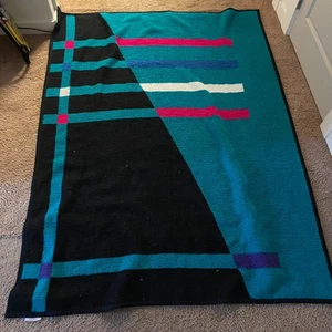 Vintage Biederlack Throw Blanket Aqua Black Colorblock 56"x72" - Picture 1 of 7