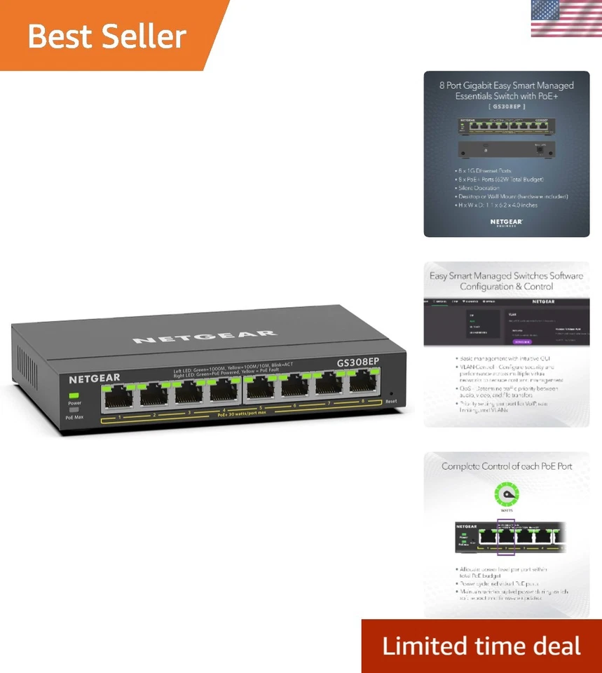 Conmutador PoE+ administrado inteligente GS308EP 8 puertos: 62 W de potencia, ideal para VoIP y cámaras Foto 1 de 4