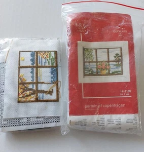2 small part completed Counted Cross Stitch Kits, Window views, with frames - Picture 1 of 4