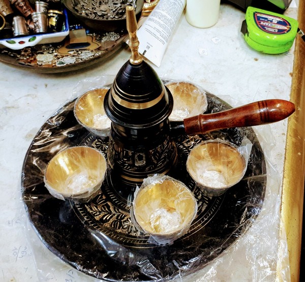 Original copper Turkish coffee set, handcrafted, for making Turkish coffee Tray Photo Related