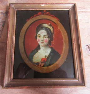 Fixé sous verre 18 ème siècle PORTRAIT Femme 18TH C REVERSE PAINTED PORTRAIT TBE - Imagen 1 de 8