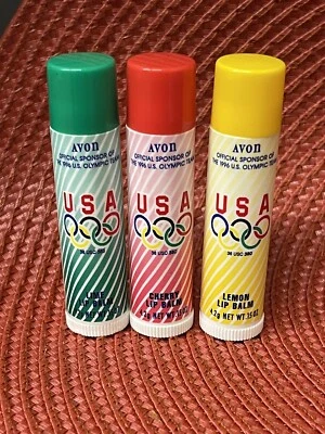 Lote de 3 Bálsamos Labiales Vintage Equipo Avon EE. UU. 1996 Juegos Olímpicos RARO Limón, Cereza, Lima Foto 1 de 3