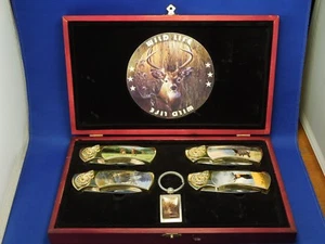 Juego de 4 cuchillos plegables con bloqueo trasero con dólares y alces vida silvestre con estuche y llavero - Imagen 1 de 12