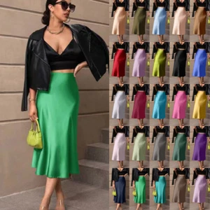 Elegant Ladies Satin Silk A line Skirts Long OL Dress High Zip Waist Party SIZE - Picture 1 of 31