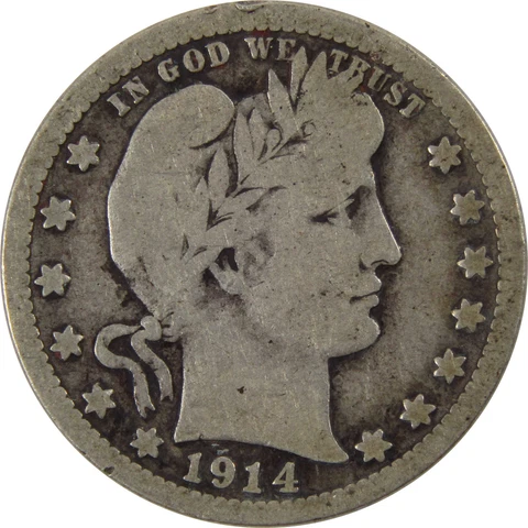 1914 S Barber Quarter VG Very Good 90% Silver 25c Coin SKU:I6198 Cover