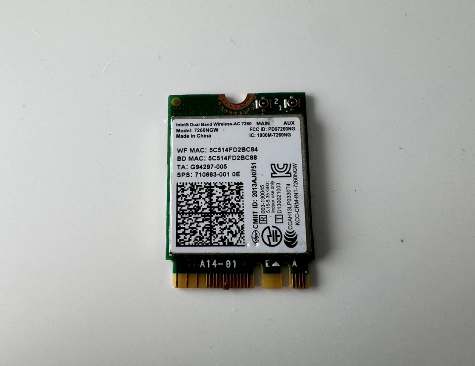 Scheda Intel Dual Band-AC 7260NGW 802.11AC Wireless Wifi & BT 4.0 HP 710663-001 - Immagine 1 di 1