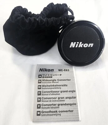 Convertidor ancho Nikon WC-E63 0,63x con instrucciones, tapas de lentes y bolsa Foto 1 de 3