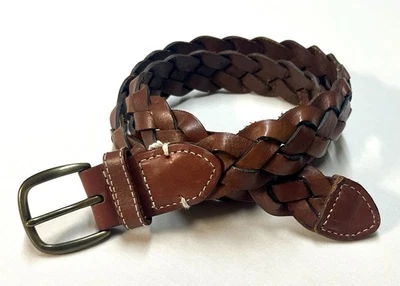 Lands’ End Chestnut Brown Braided Leather Belt Women Sz L (27-30) Brass Buckle - Image 1 of 4