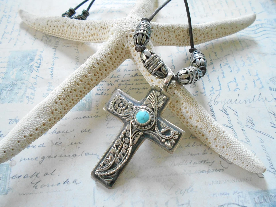 Sterling Silver M. Kline Colorado Large Turquoise Cross Pendant Necklace   RE145 - Image 1 of 4