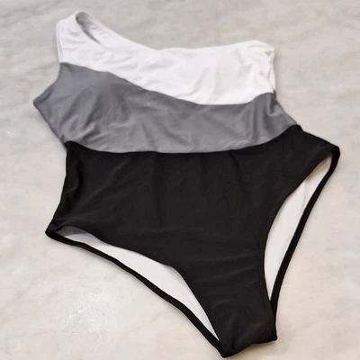 Black Gray One-Piece One Shoulder High Hip Swimsuit Lg-XL Summer Vacation Pads - Image 1 of 4