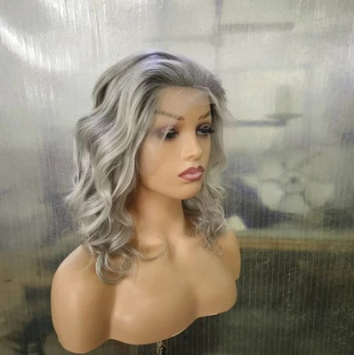 SHort Human Hair Wig Blonde Grey Highlights 13x4 Lace Front Wig - Image 1 of 4