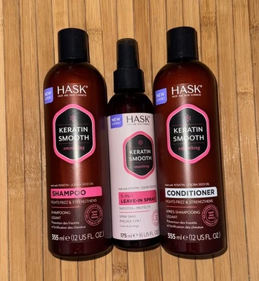 New Hask Keratin Smooth Shampoo/Conditioner 12oz + 5-in-1 Leave-in Spray 6oz - Image 1 of 2