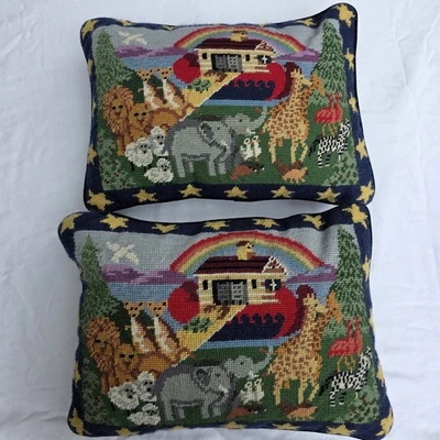 Noah's Ark WOOL Needlepoint Throw Pillows 12x16 Nursery Bible Animals Kids Decor - Image 1 of 4