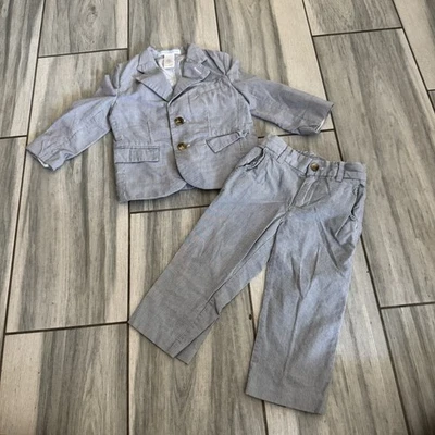 Boys Janie And Jack Seersucker Suit Blue White Stripe Jacket Pants 18-24 Months - Image 1 of 4