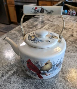 Vintage Lenox Winter Greetings Enamelware Teapot Cardinal & Chickadee - Picture 1 of 4