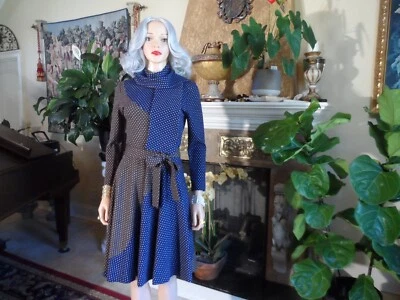 Lanvin Brown/Blue Polka Dot Fit & Flare Belted Knit Dress w/Scarf Detail Size 10 - Image 1 of 4