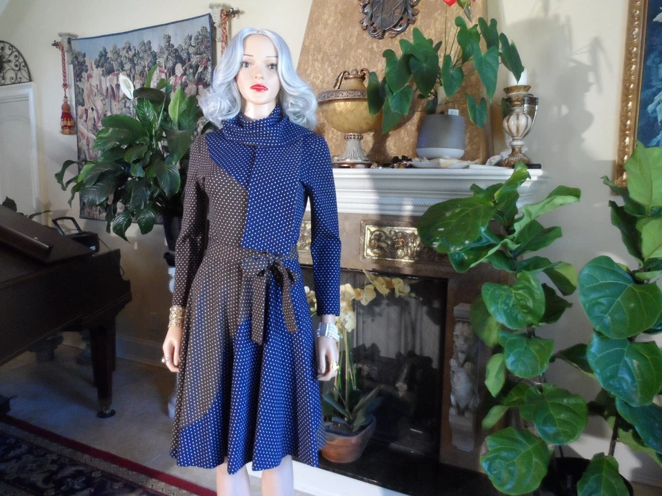 Lanvin Brown/Blue Polka Dot Fit & Flare Belted Knit Dress w/Scarf Detail Size 10 - Image 1 of 4