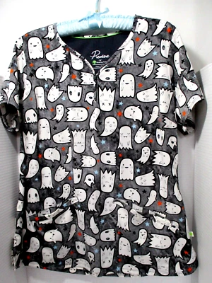 Healing Hands Premiere Scrub Top Womens Medium Halloween Ghosts Nurse Medical - Image 1 of 4