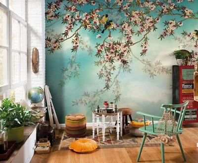 Flores Rosas Papel Pintado 368x254cm Decoración Cocina Dormitorio Árbol Pájaros - Imagen 1 de 4