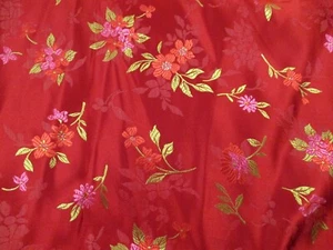 Vintage Sewing Fabric 2 Yards x 45" Shiny Metallic Red Purple Flowers Green Leaf - Picture 1 of 5