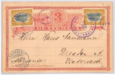 GUATEMALA Postal Stationery 3c Card Used +12c 1906 Dresden {samwells}PH315 - Image 1 of 4