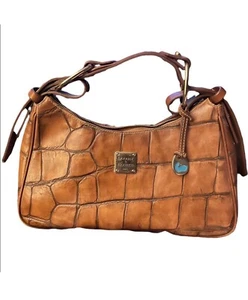 Dooney & Bourke Brown Croc Embossed Leather Hobo Satchel Bag Purse Blue Duck Fob - Picture 1 of 8