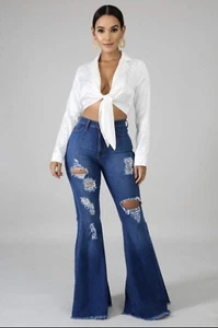 Distressed Blue Jean bell bottom jeans women - Picture 1 of 2