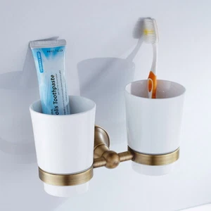 Antique Brass Wall Toothbrush Tumbler Holder with Double Cup Bathroom Accessory - Picture 1 of 9