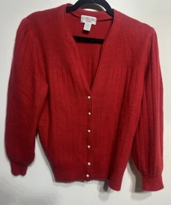 Victoria Jones Cardigan Angora Wool Sweater Medium Petite Pearl Buttons Red VTG - Picture 1 of 7