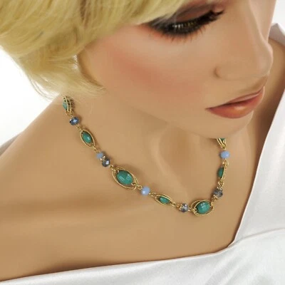 NAPIER Women's GOLD Tone OVAL CHAIN LINKS Sea Green & Blue BEADED NECKLACE - Image 1 of 4