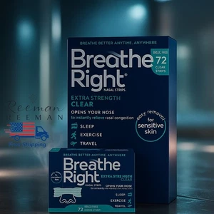 Tiras nasales Breathe Right transparentes extra fuerza alivio de alergias a los ronquidos 72 ct - Imagen 1 de 4