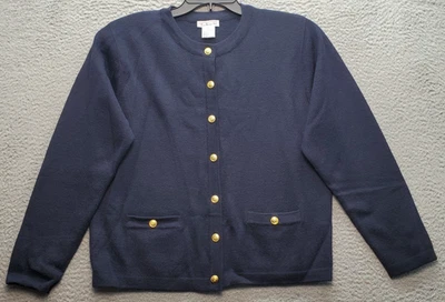 VTG Talbots Cardigan Women Large Navy Wool Shoulder Pads Gold Crest Button Front - Image 1 of 4