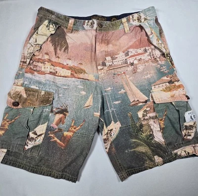 AKOO Brand Men's Size 38 Denim Jean Bermuda Shorts Graphic Seaside Sailboat - Image 1 of 4