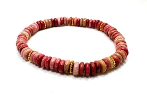 Rhodonite Rondelle Beaded Stretch Bracelet 6.5" – 6mm Gemstone with Gold Spacers - Picture 1 of 2
