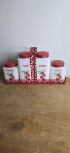 Vtg McKee Tipp City Milk Glass Cherry Salt Pepper Sugar Flour Metal Caddy - Picture 1 of 8