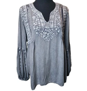 Solitaire M Gray Embroidered Boho Peasant Top Balloon Sleeve Prairie Tunic  - Picture 1 of 11