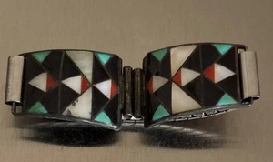 Bel vecchio pedone Zuni intarsiato turchese onice corallo argento sterling orologio uomo estremità - Foto 1 di 11