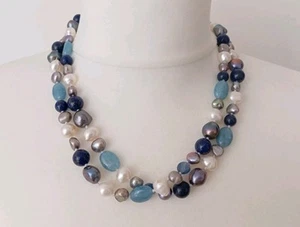 Honora Cultured Pearls/Lapis Lazuli&Aquamarine Gemstones Magnetic Clasp Necklace - Picture 1 of 12